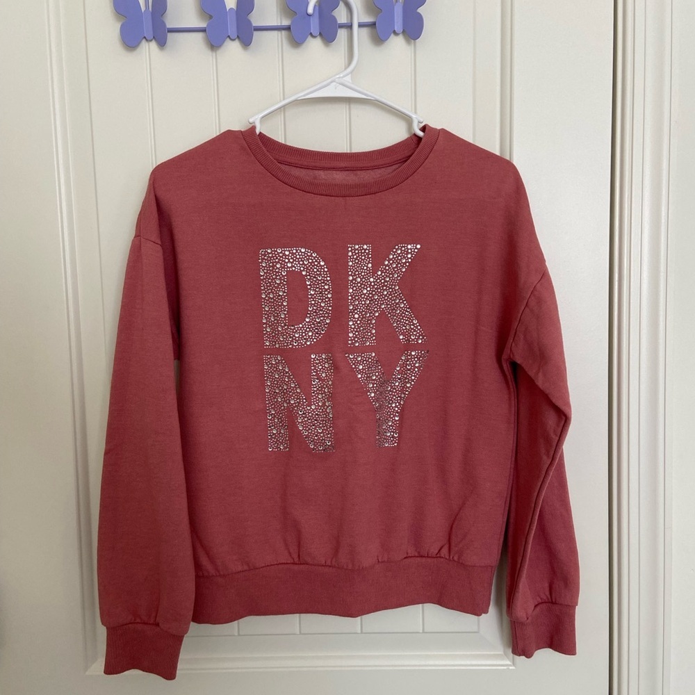 NWOT | DKNY girl’s pink jeweled crewneck sweatshirt casual relaxed lounge 14/16